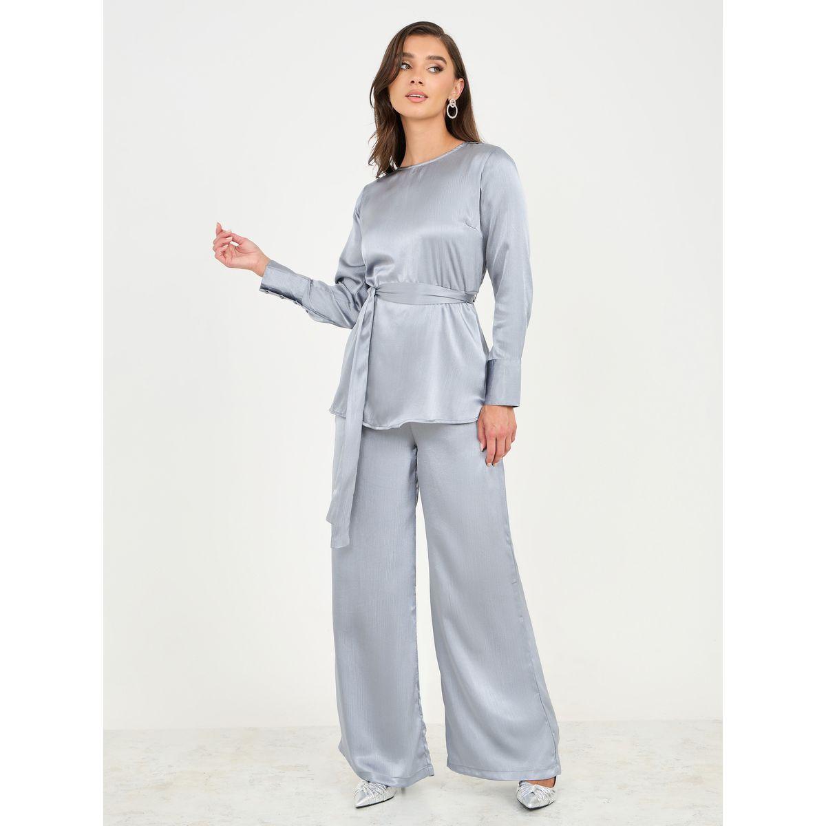 Styli Solid Self Tie Up Top and Wide Leg Pant Set-women-clothing-coordsets-image-1