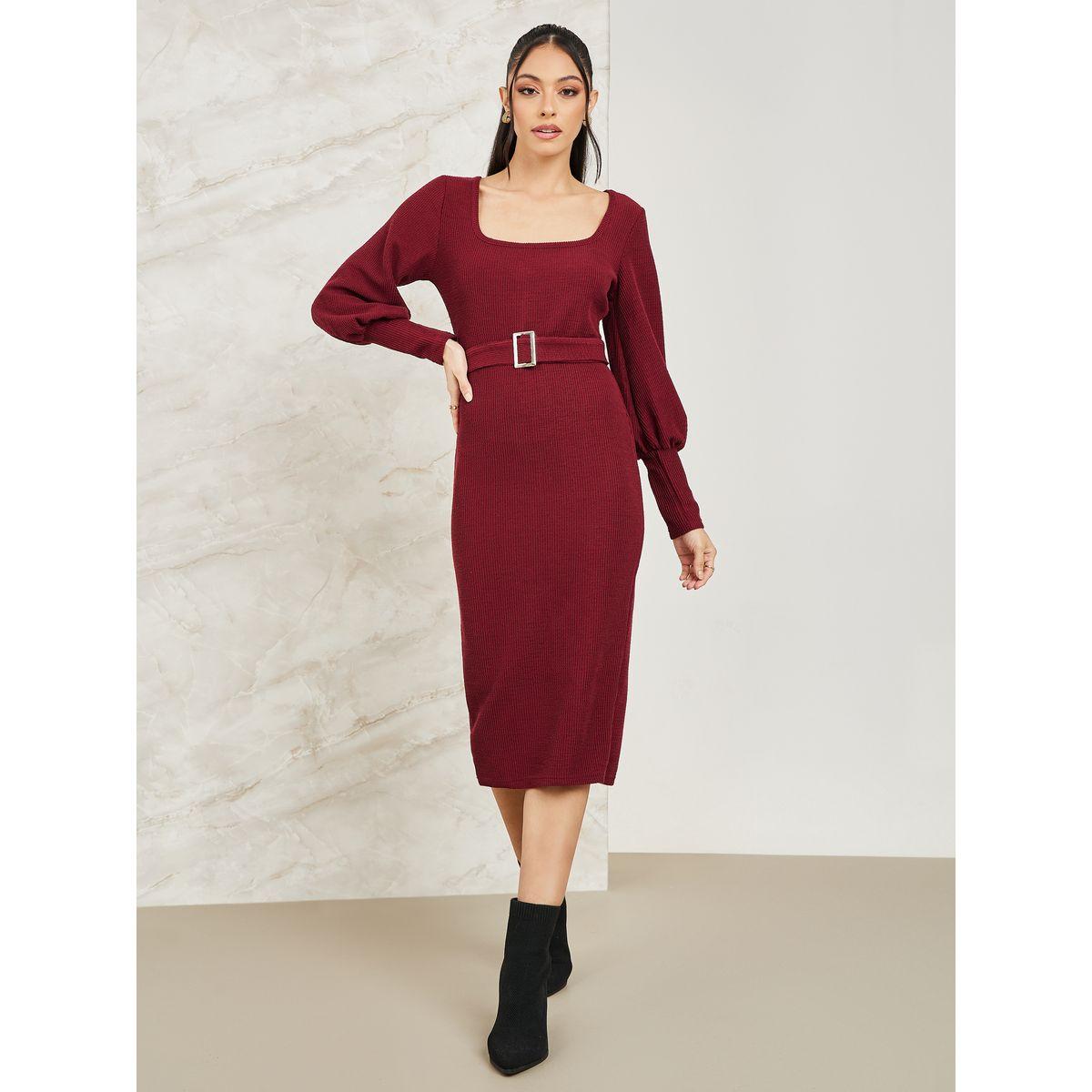Colorful X Styli Square Neck Belted Knit Midi Dress-women-clothing-dresses-image-1