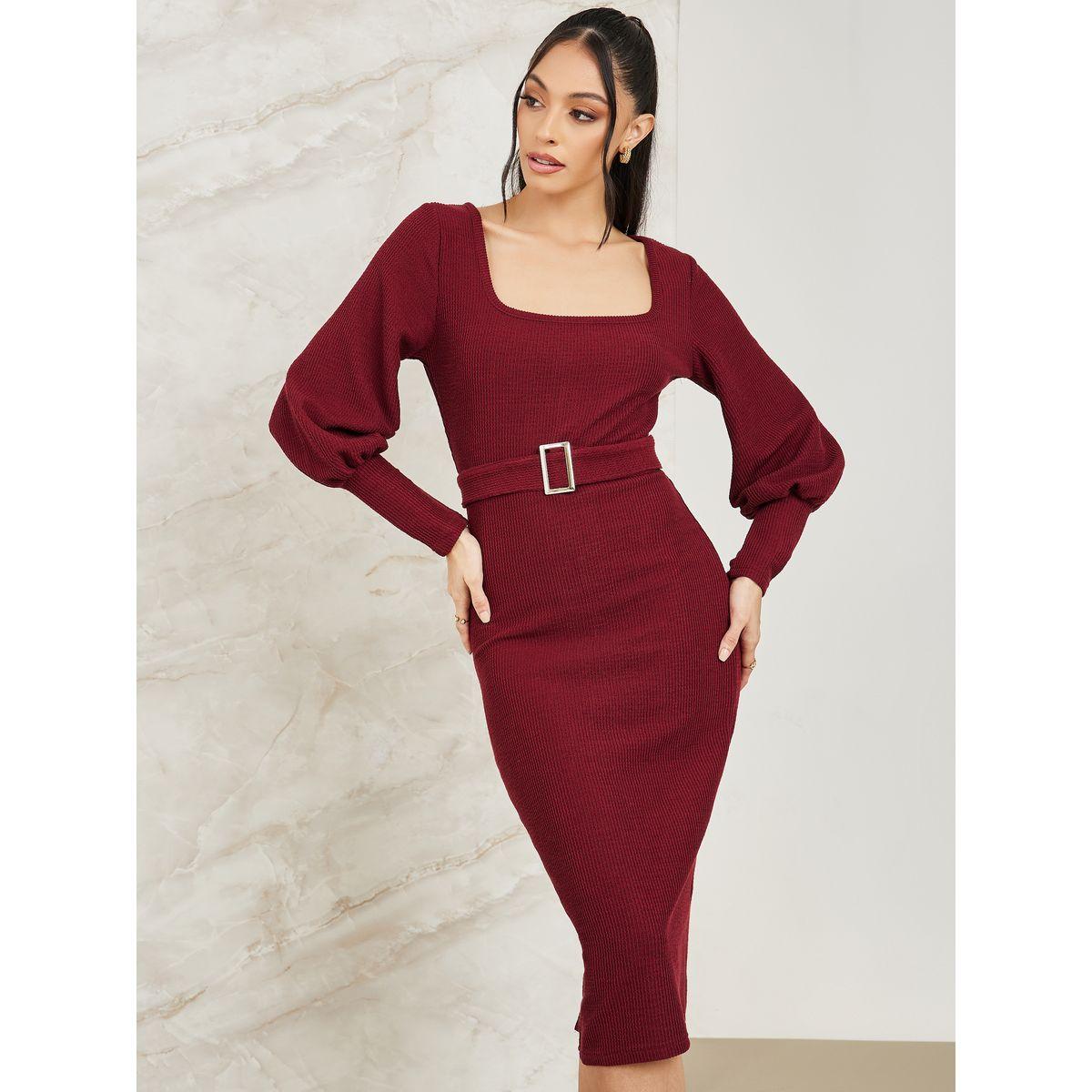 فستان ميدي محبوك بياقة واسعة كولورفول × ستايلي-women-clothing-dresses-image-2