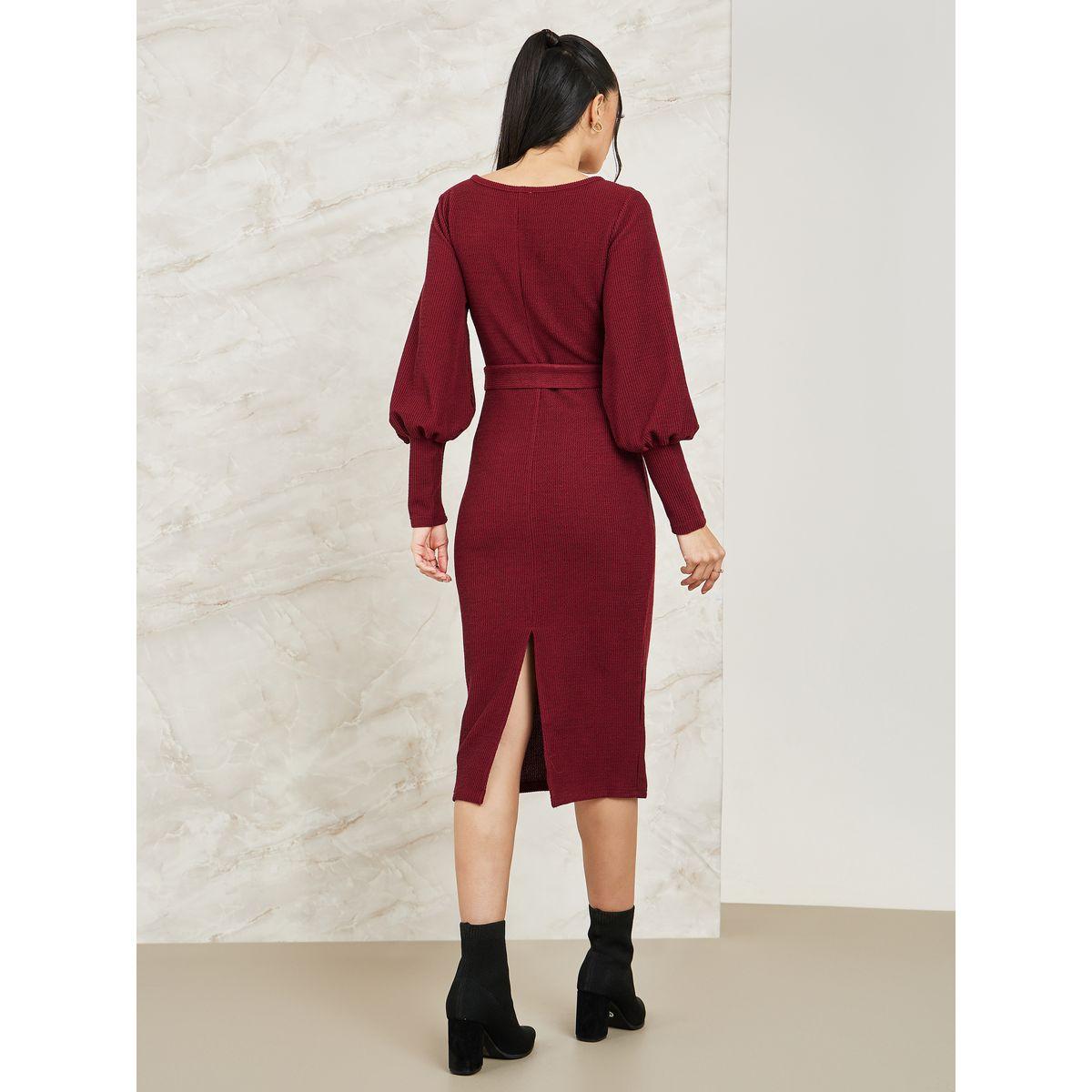 فستان ميدي محبوك بياقة واسعة كولورفول × ستايلي-women-clothing-dresses-image-4
