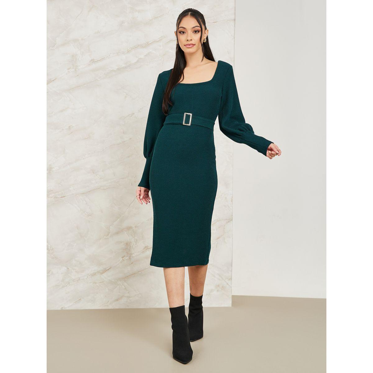 Colorful X Styli Square Neck Belted Knit Midi Dress-women-clothing-dresses-image-2