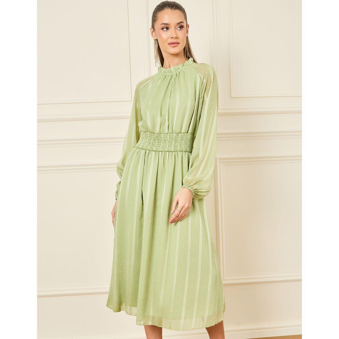 Styli Dobby High Neck Smocked Detail Midi Dress-women-clothing-dresses-image-2