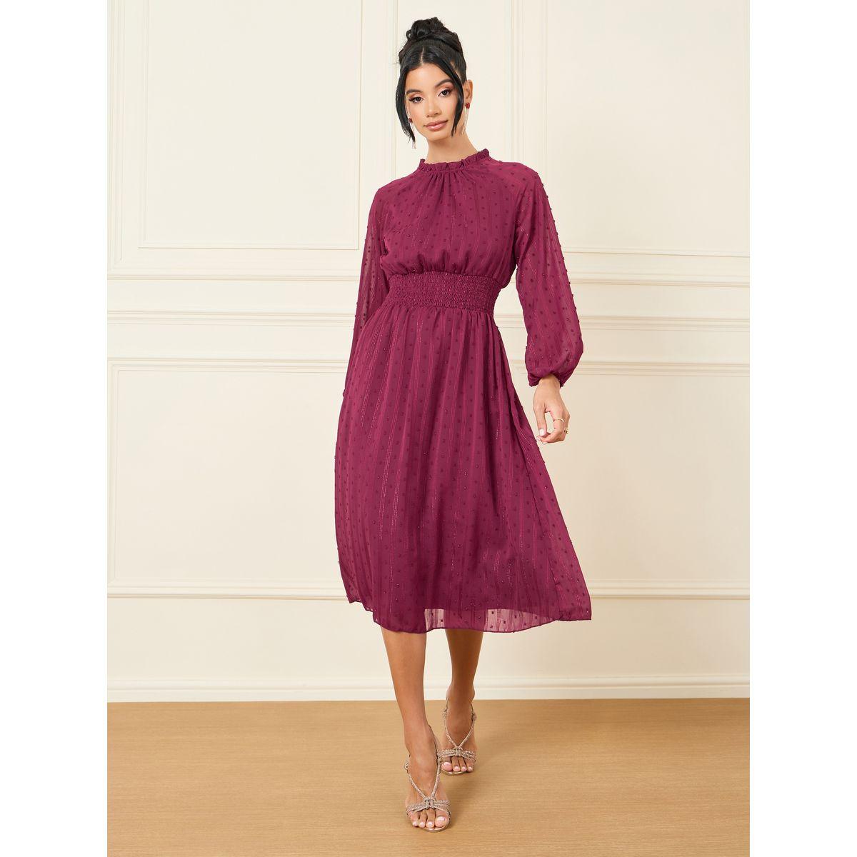 Styli Dobby High Neck Smocked Detail Midi Dress-women-clothing-dresses-image-1
