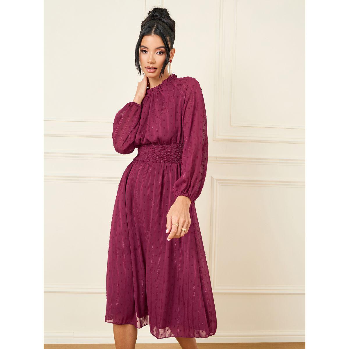 Styli Dobby High Neck Smocked Detail Midi Dress-women-clothing-dresses-image-2