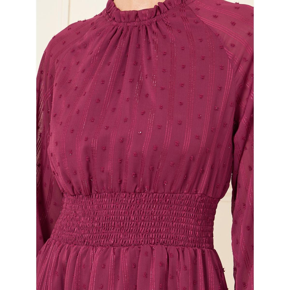 Styli Dobby High Neck Smocked Detail Midi Dress-women-clothing-dresses-image-3