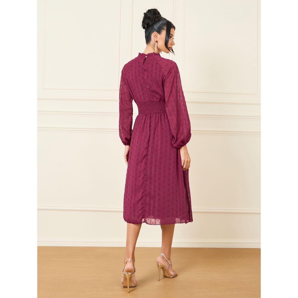 Styli Dobby High Neck Smocked Detail Midi Dress-women-clothing-dresses-image-4