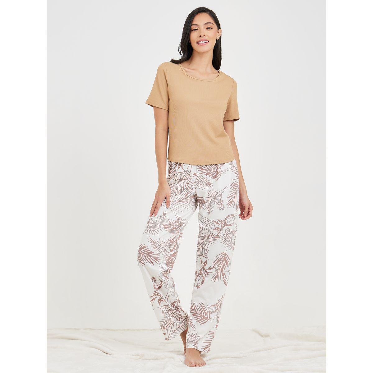 Styli Unwind Solid Ribbed T-shirt and Leaf Print Pyjama Set-women-clothing-nightwear-pyjamas-longsets-image-1
