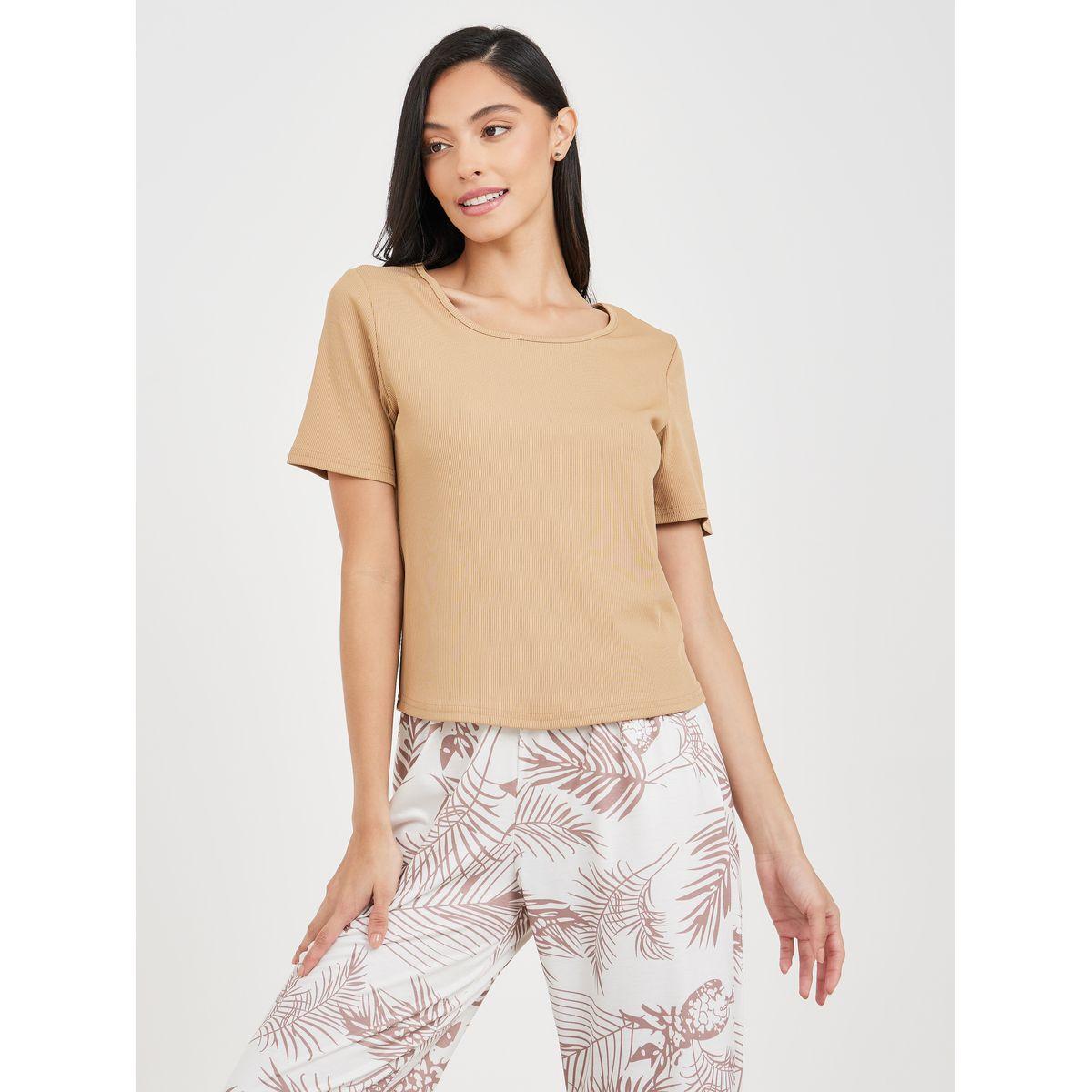 Styli Unwind Solid Ribbed T-shirt and Leaf Print Pyjama Set-women-clothing-nightwear-pyjamas-longsets-image-2