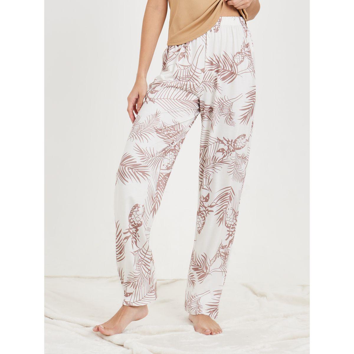 Styli Unwind Solid Ribbed T-shirt and Leaf Print Pyjama Set-women-clothing-nightwear-pyjamas-longsets-image-4