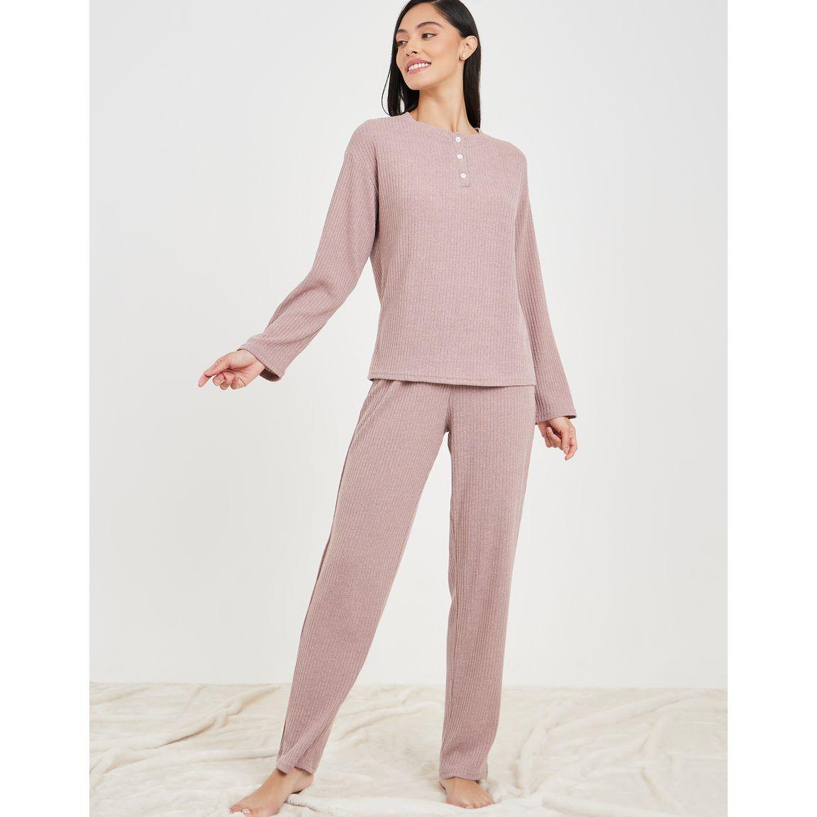 Styli Unwind Ribbed Button Placket Top & Trouser Lounge Set-women-clothing-coordsets-image-1