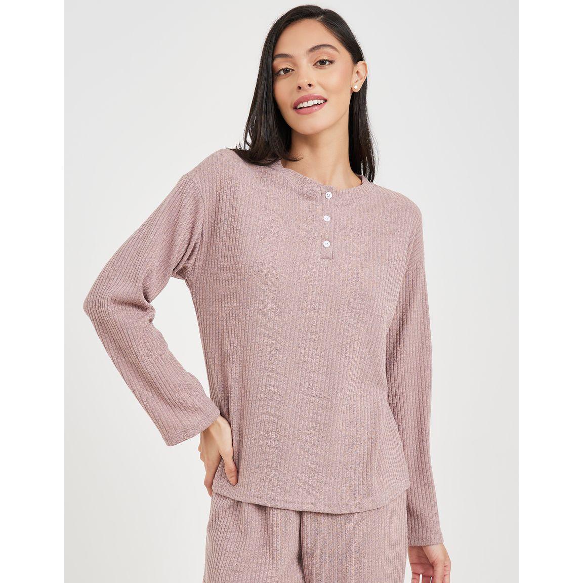 مجموعة من بنطال وبلوزة مضلعة بأزرار غلق-women-clothing-coordsets-image-4