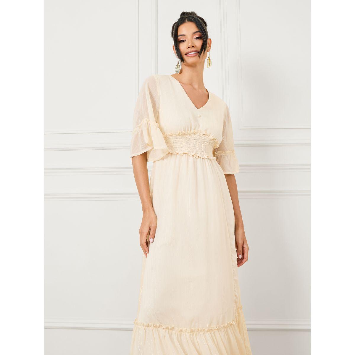 Styli Smocked Waist Ruffle Detail A-Line Maxi Dress with Side Slit-women-clothing-dresses-image-2