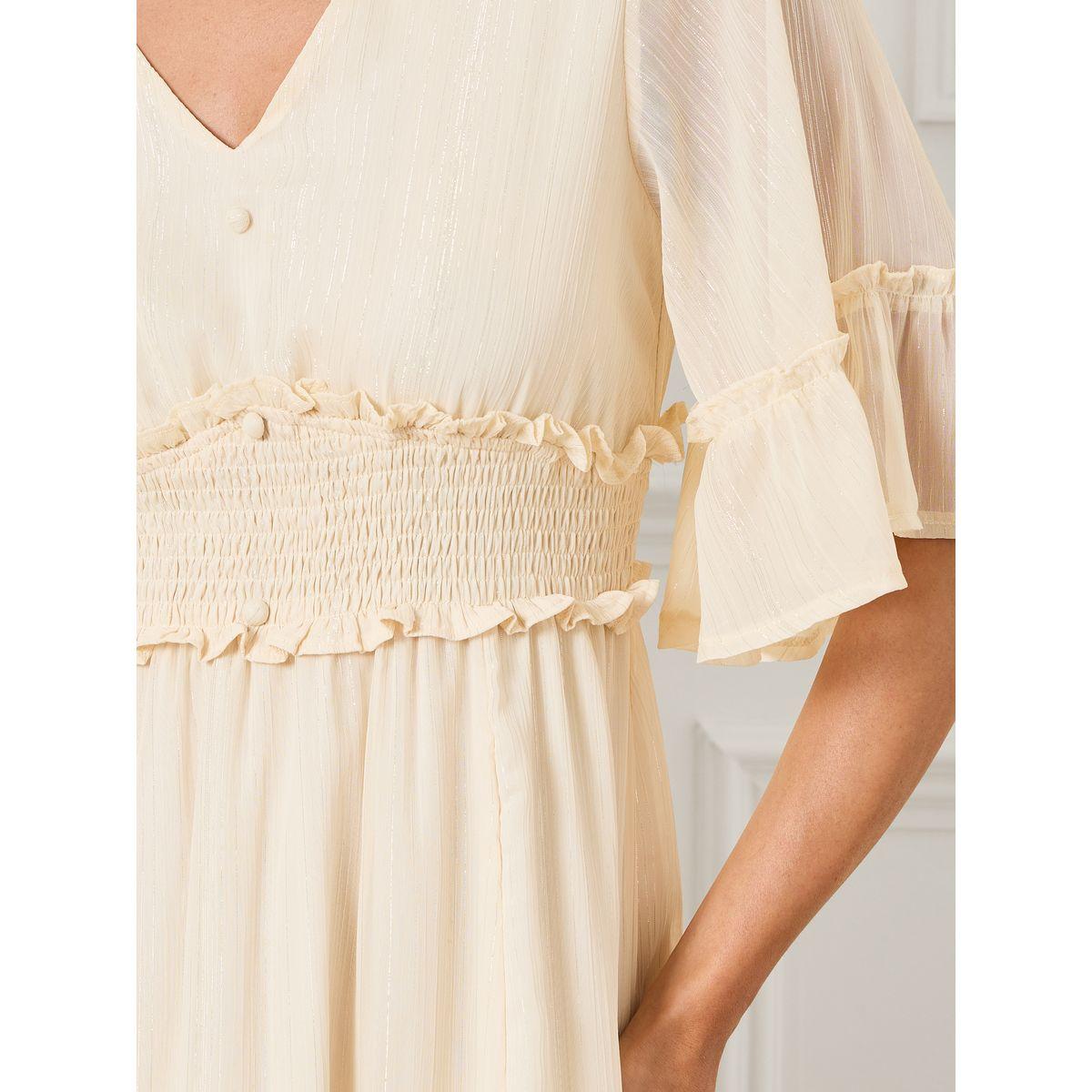 Shop Styli Smocked Waist Ruffle Detail A-Line Maxi Dress