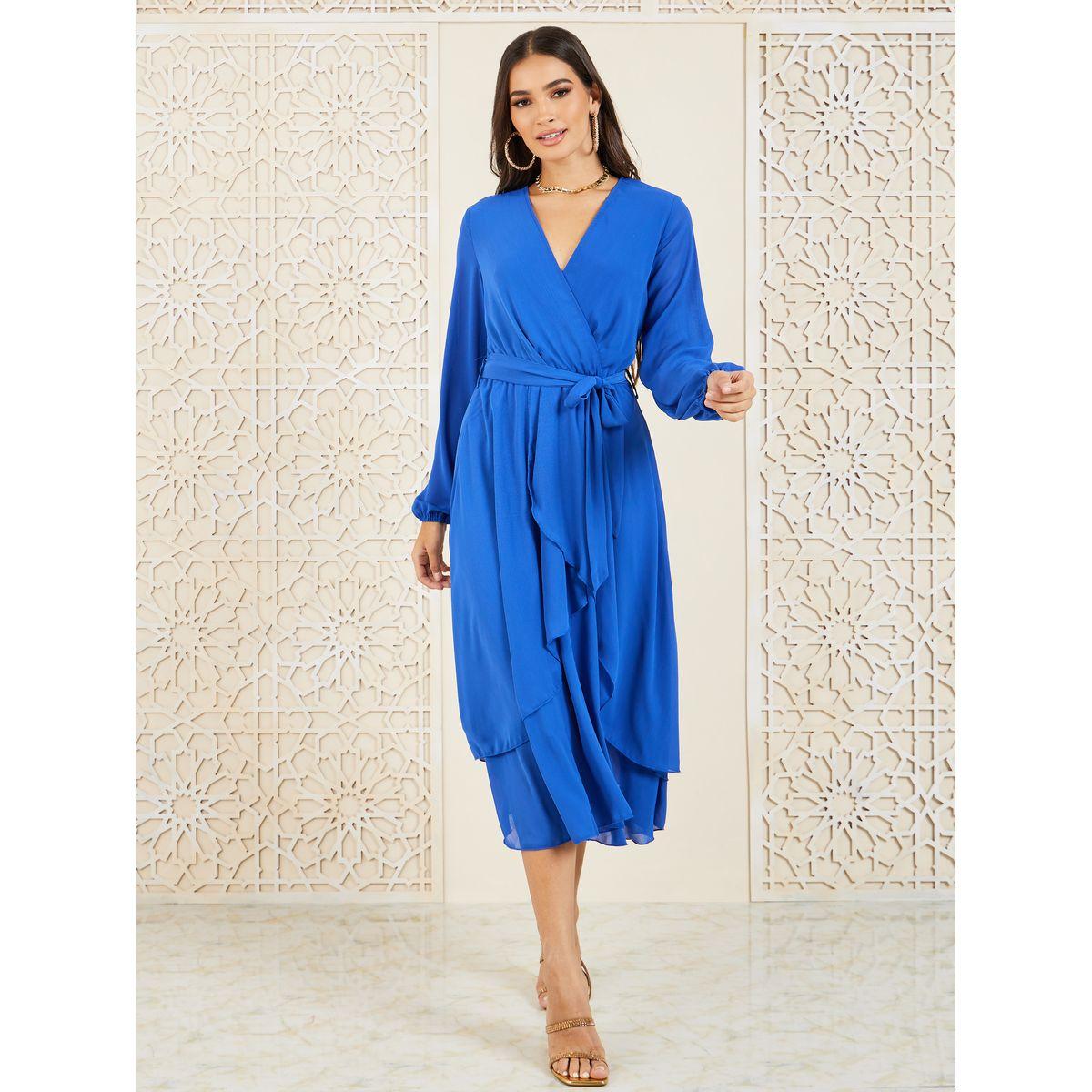 Styli Solid Asymmetric Hem Self Tie A-Line Midi Dress-women-clothing-dresses-image-1
