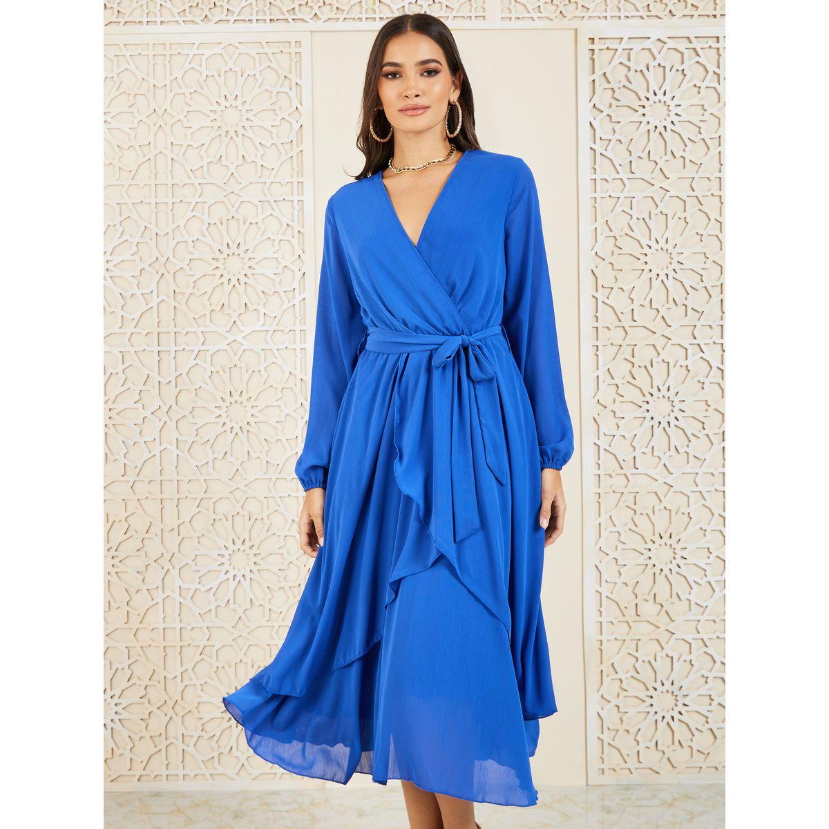 Styli Solid Asymmetric Hem Self Tie A-Line Midi Dress-women-clothing-dresses-image-2