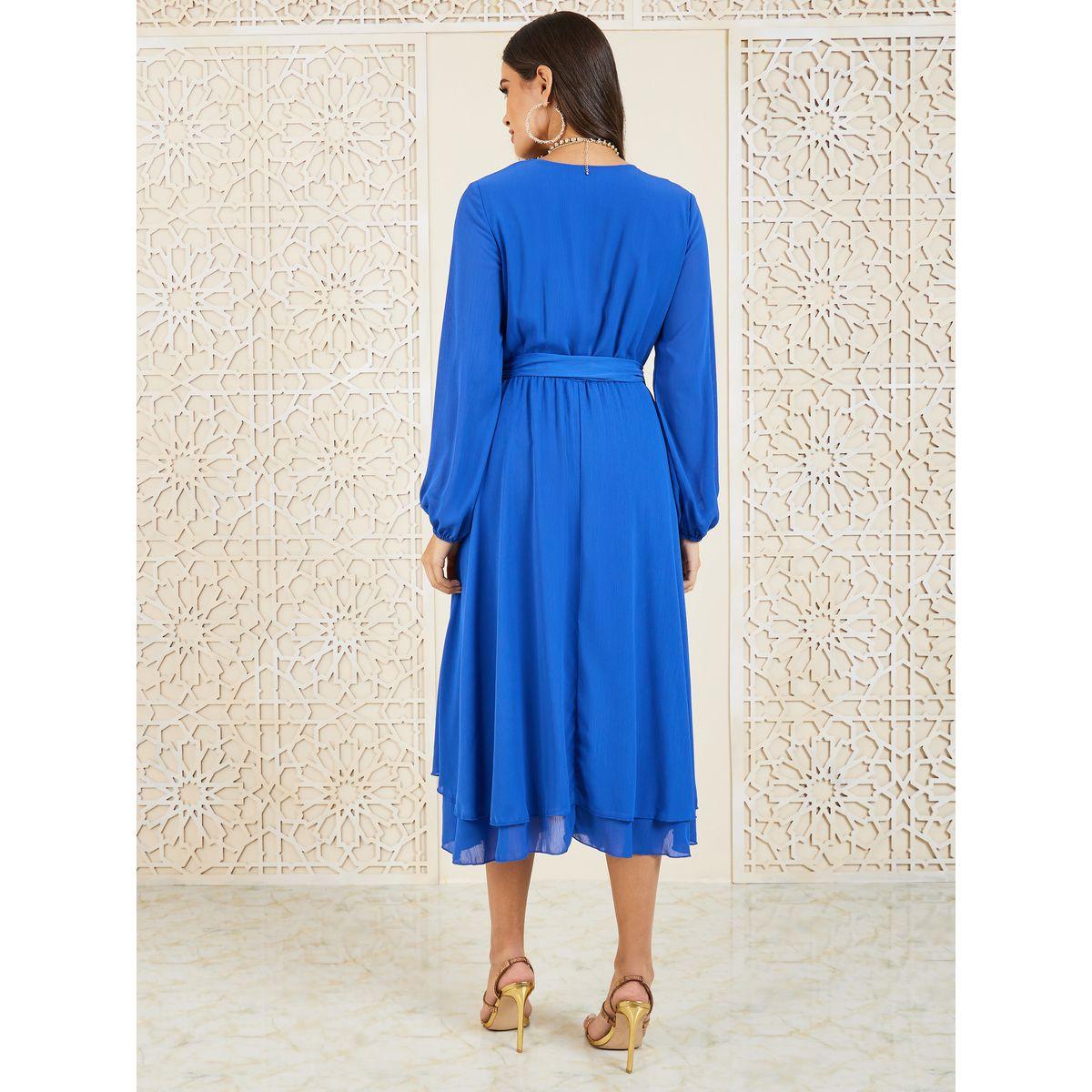 Styli Solid Asymmetric Hem Self Tie A-Line Midi Dress-women-clothing-dresses-image-4