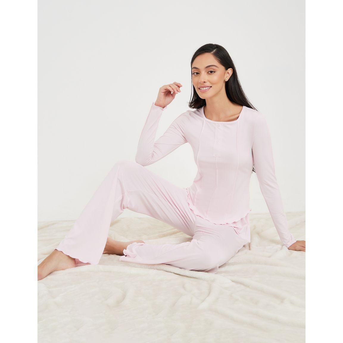 Styli Unwind Corset Detail Lettuce Hem Long Sleeves T-shirt and Pyjama Set-women-clothing-nightwear-pyjamas-longsets-image-1