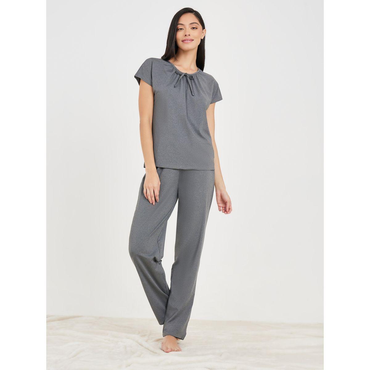 Styli Unwind Melange Front Bow Detail T-shirt and Pyjama Set-women-clothing-nightwear-pyjamas-longsets-image-1