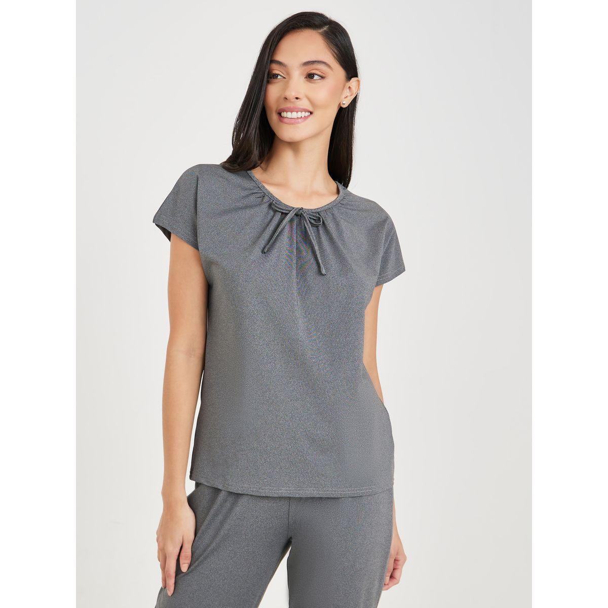 Styli Unwind Melange Front Bow Detail T-shirt and Pyjama Set-women-clothing-nightwear-pyjamas-longsets-image-2