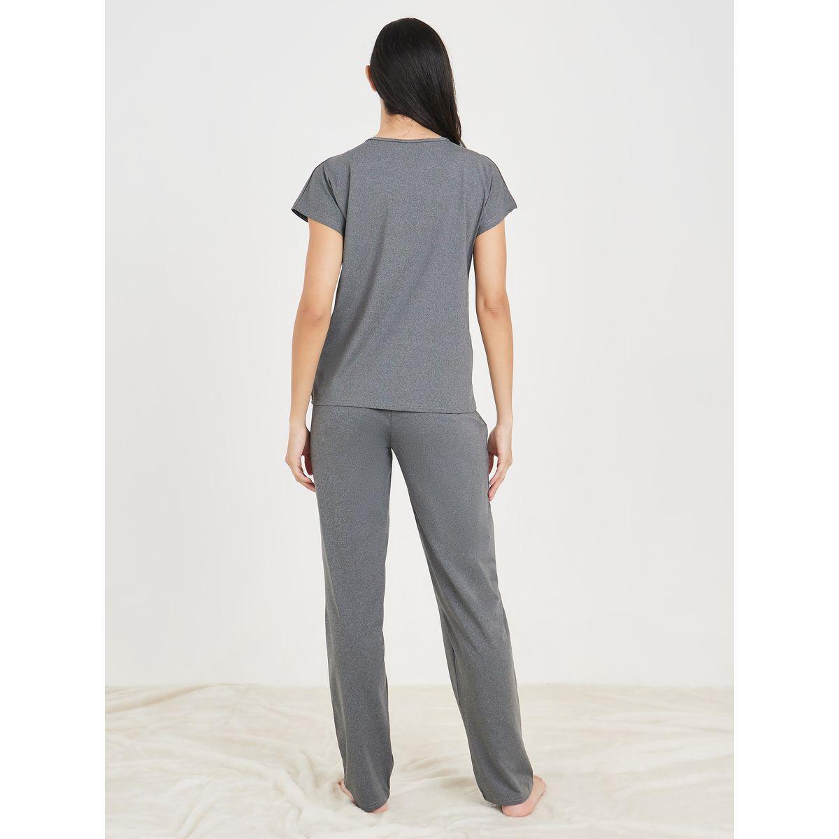 Styli Unwind Melange Front Bow Detail T-shirt and Pyjama Set-women-clothing-nightwear-pyjamas-longsets-image-5