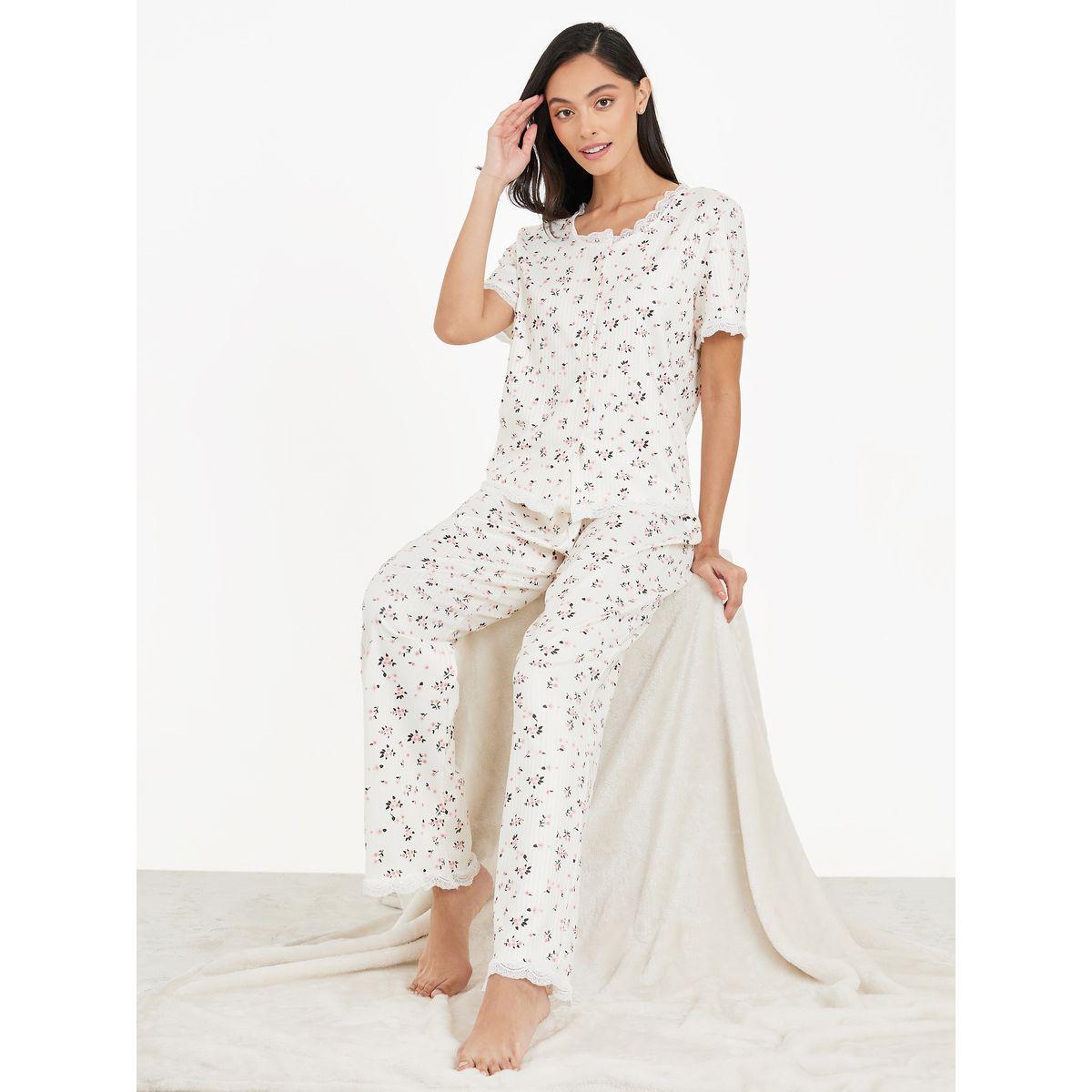 Styli Unwind Ribbed AOP Lace Trim Shirt and Pyjama Set-women-clothing-nightwear-pyjamas-longsets-image-1