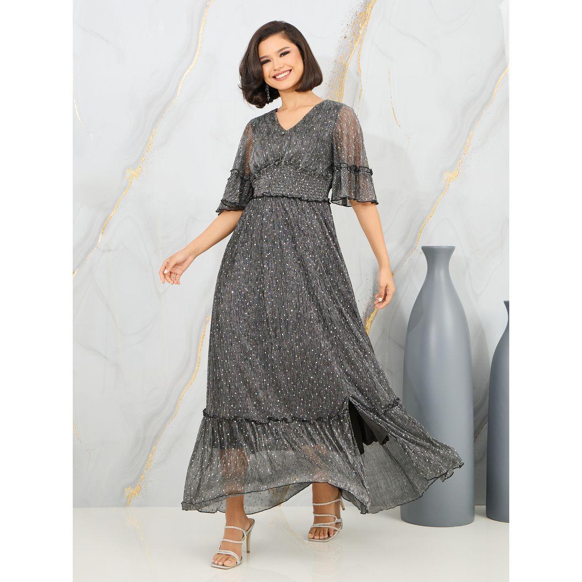 Styli Spot Print Mesh A-Line Maxi Dress with Front Slit-women-clothing-dresses-image-1