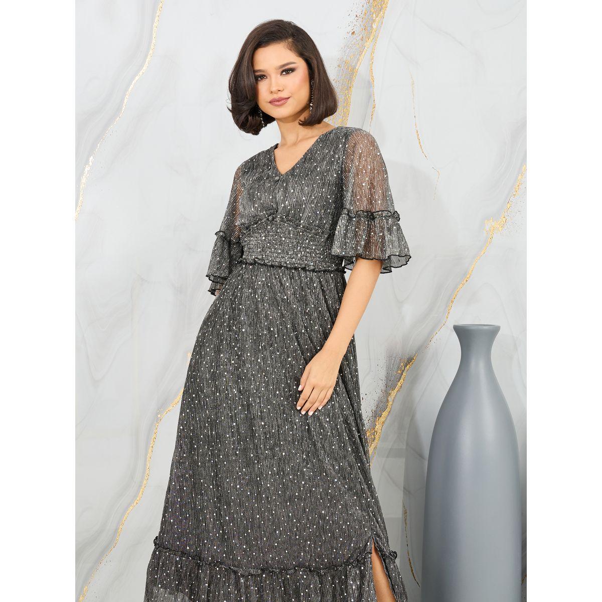 Styli Spot Print Mesh A-Line Maxi Dress with Front Slit-women-clothing-dresses-image-2