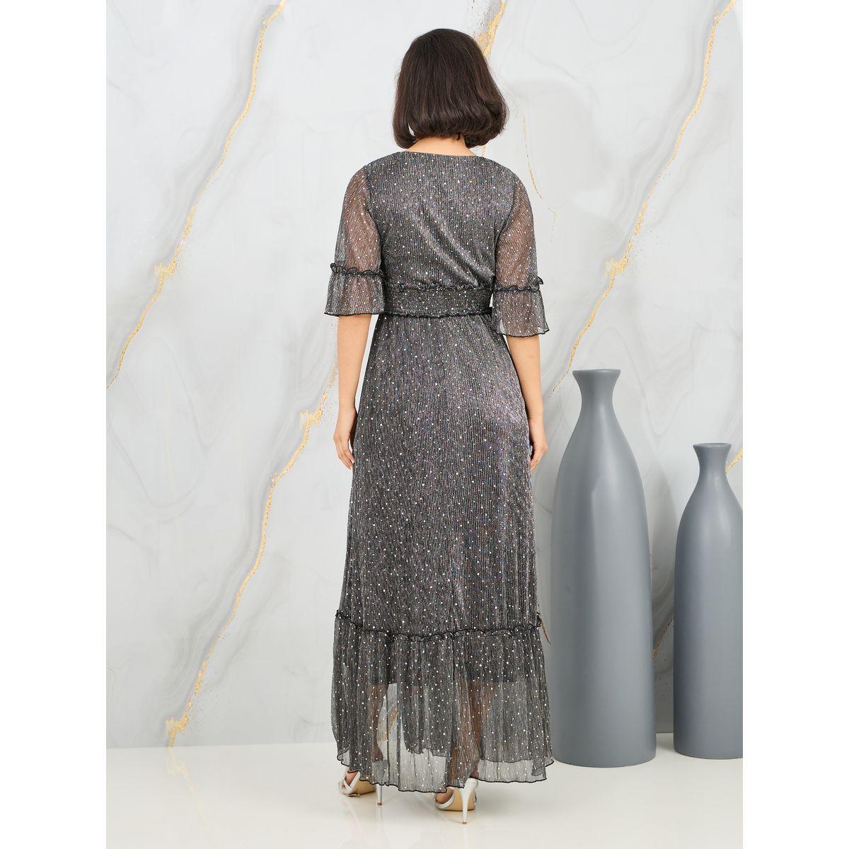 Styli Spot Print Mesh A-Line Maxi Dress with Front Slit-women-clothing-dresses-image-4