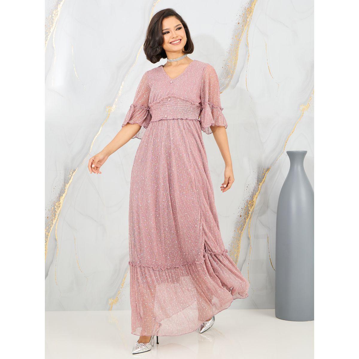 فستان طويل بتفاصيل لوريكس وكشكش-women-clothing-dresses-image-1