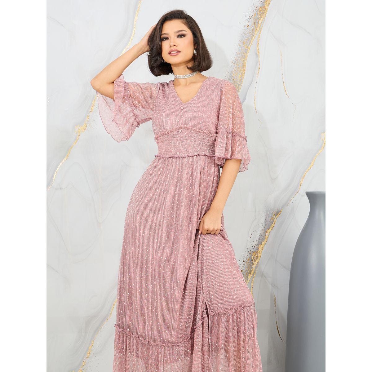 فستان طويل بتفاصيل لوريكس وكشكش-women-clothing-dresses-image-2