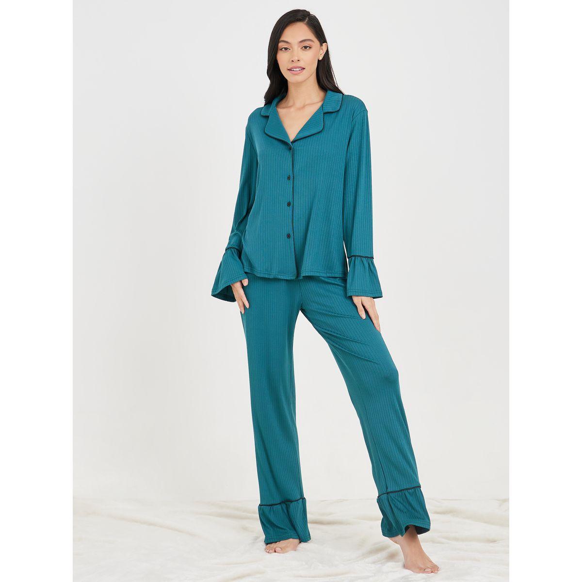Styli Unwind Ribbed Ruffle Sleeves Contrast Piped Shirt and Ruffle Hem Pyjama Set-women-clothing-nightwear-pyjamas-longsets-image-1