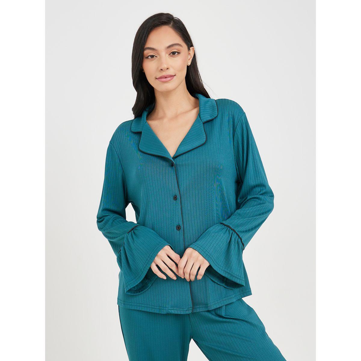 Styli Unwind Ribbed Ruffle Sleeves Contrast Piped Shirt and Ruffle Hem Pyjama Set-women-clothing-nightwear-pyjamas-longsets-image-2