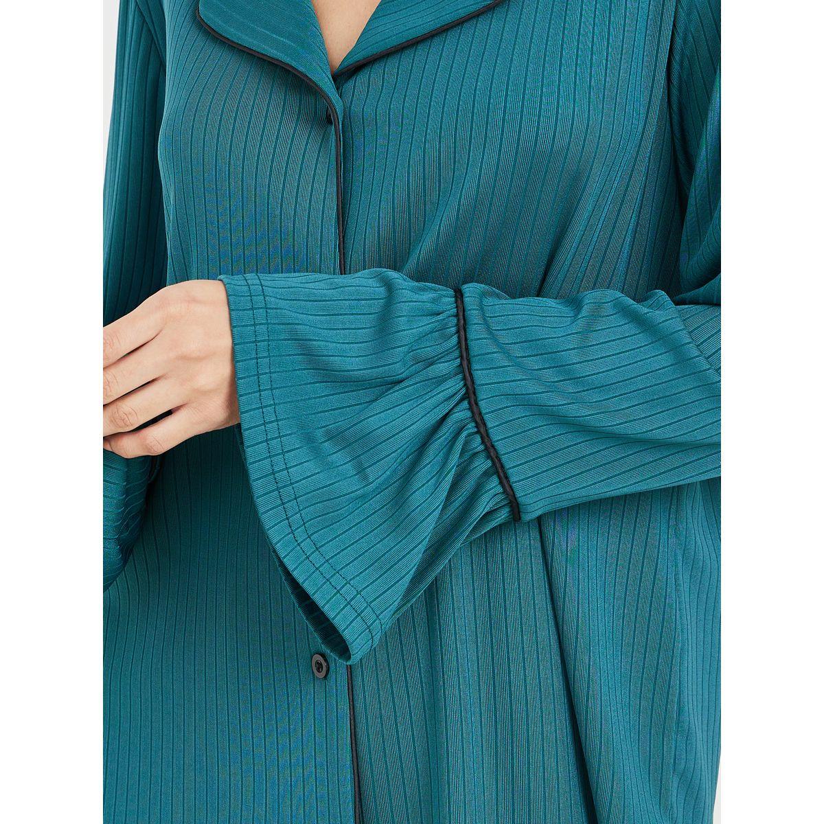 Styli Unwind Ribbed Ruffle Sleeves Contrast Piped Shirt and Ruffle Hem Pyjama Set-women-clothing-nightwear-pyjamas-longsets-image-3