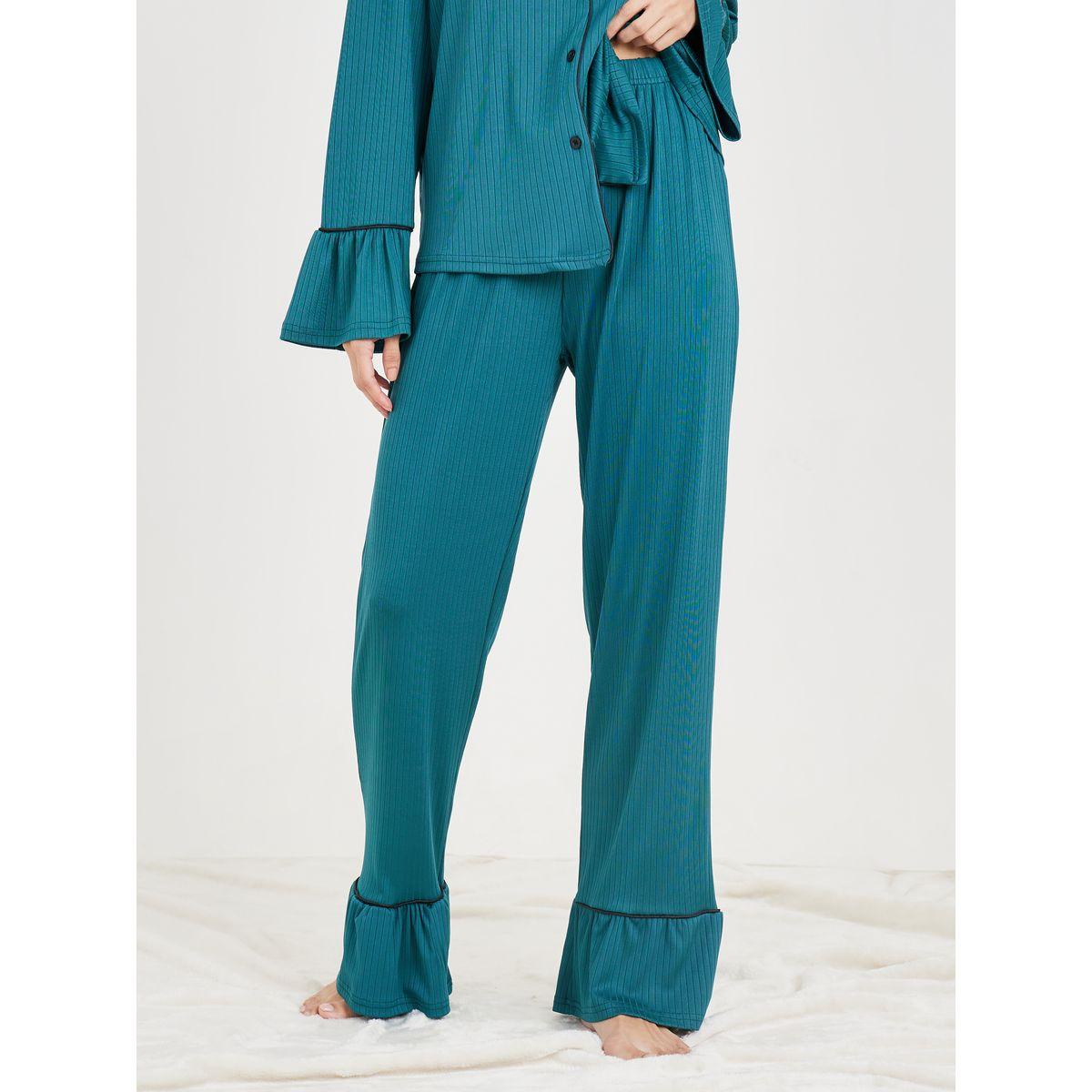 Styli Unwind Ribbed Ruffle Sleeves Contrast Piped Shirt and Ruffle Hem Pyjama Set-women-clothing-nightwear-pyjamas-longsets-image-4