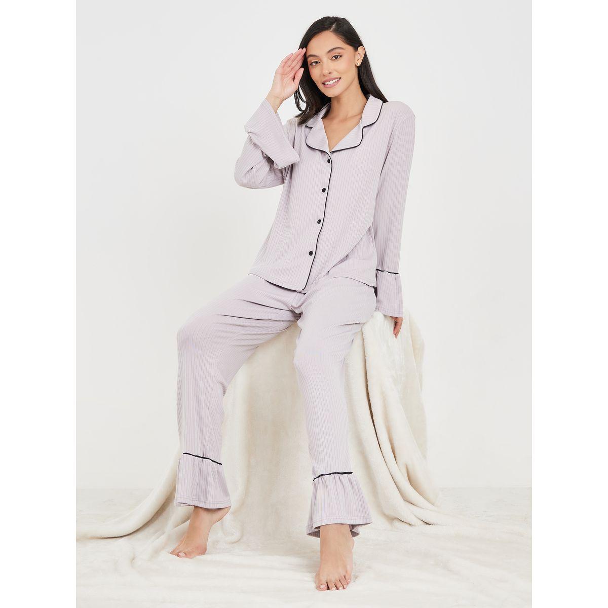 Styli Unwind Ribbed Contrast Piped Detail Ruffle Sleeves Shirt and Pyjama Set-women-clothing-nightwear-pyjamas-longsets-image-1