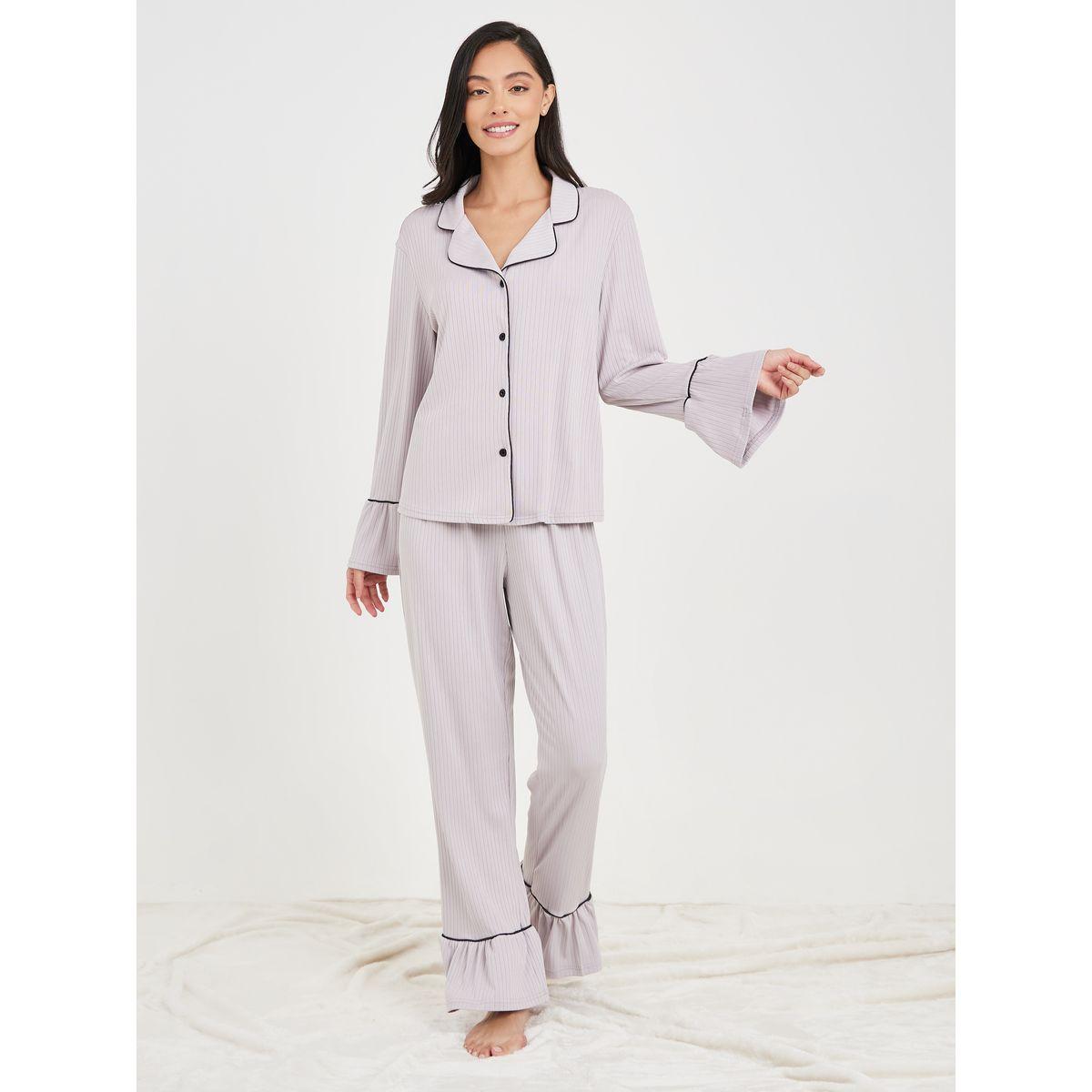 Styli Unwind Ribbed Contrast Piped Detail Ruffle Sleeves Shirt and Pyjama Set-women-clothing-nightwear-pyjamas-longsets-image-2