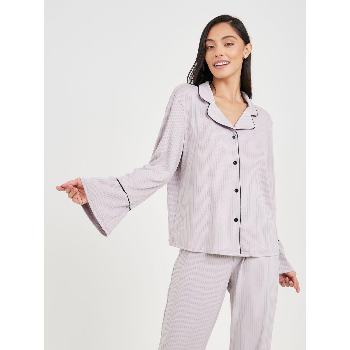 Styli Unwind Ribbed Contrast Piped Detail Ruffle Sleeves Shirt and Pyjama Set-women-clothing-nightwear-pyjamas-longsets-image-3