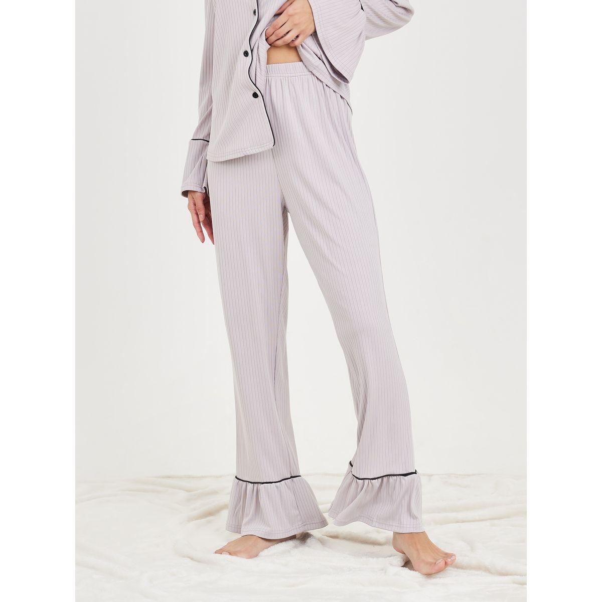 Styli Unwind Ribbed Contrast Piped Detail Ruffle Sleeves Shirt and Pyjama Set-women-clothing-nightwear-pyjamas-longsets-image-5