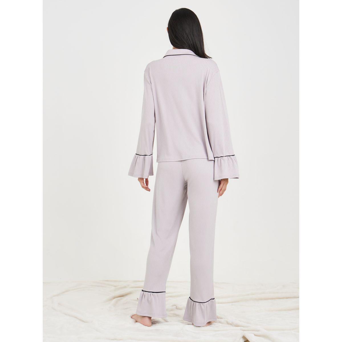 Styli Unwind Ribbed Contrast Piped Detail Ruffle Sleeves Shirt and Pyjama Set-women-clothing-nightwear-pyjamas-longsets-image-6