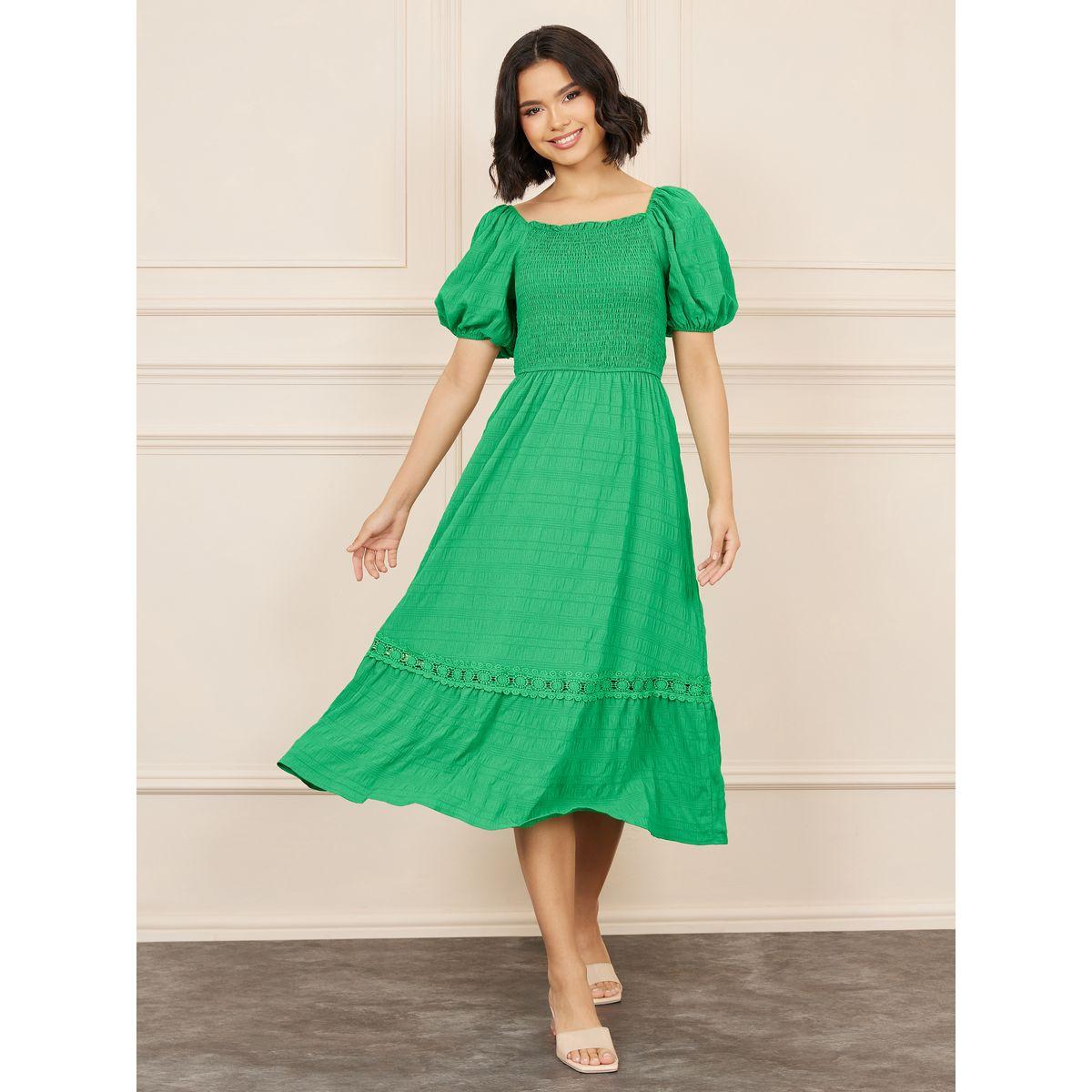 Styli Textured Smocked Detail A-Line Midi Dress-women-clothing-dresses-image-1