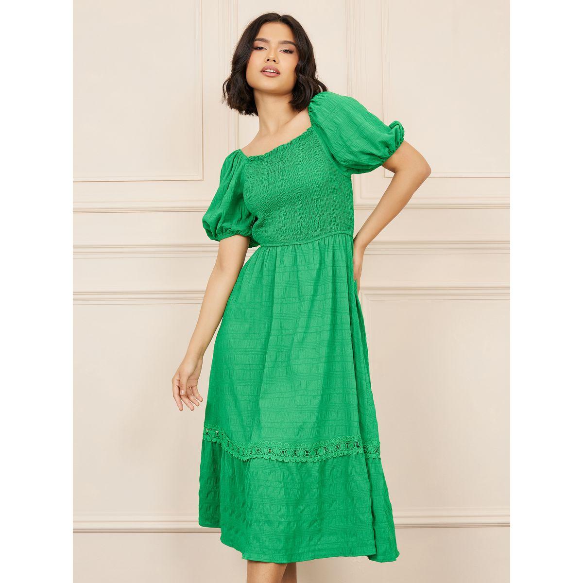 Styli Textured Smocked Detail A-Line Midi Dress-women-clothing-dresses-image-2