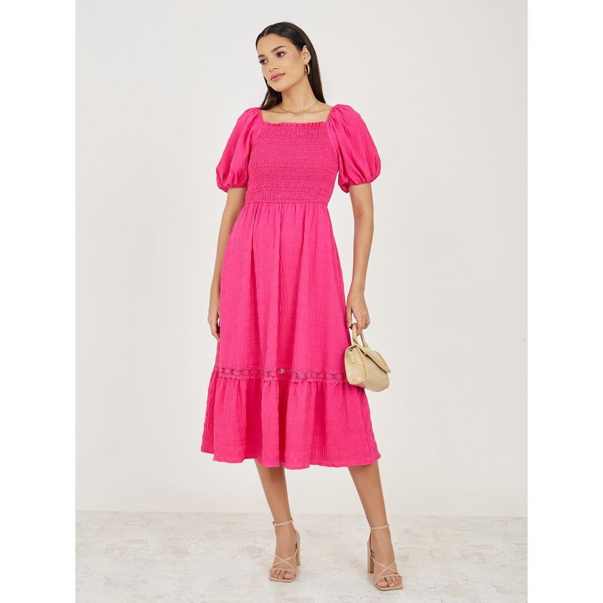 Styli Textured Smocked Detail A-Line Midi Dress-women-clothing-dresses-image-1