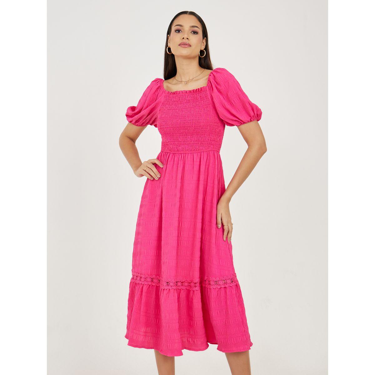 Styli Textured Smocked Detail A-Line Midi Dress-women-clothing-dresses-image-2