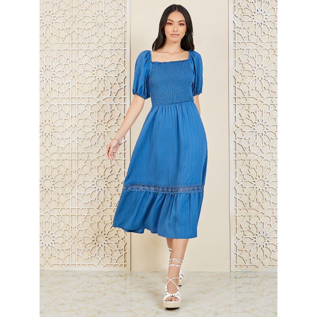 Styli Smocked Detail Puff Sleeves A-Line Midi Dress-women-clothing-dresses-image-1