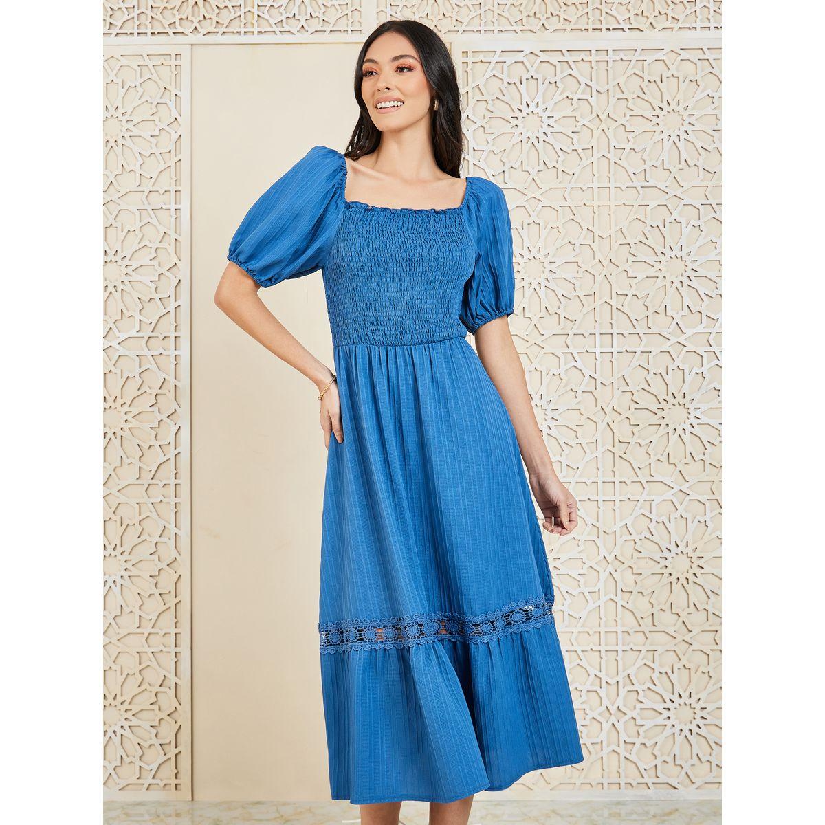 Styli Smocked Detail Puff Sleeves A-Line Midi Dress-women-clothing-dresses-image-2