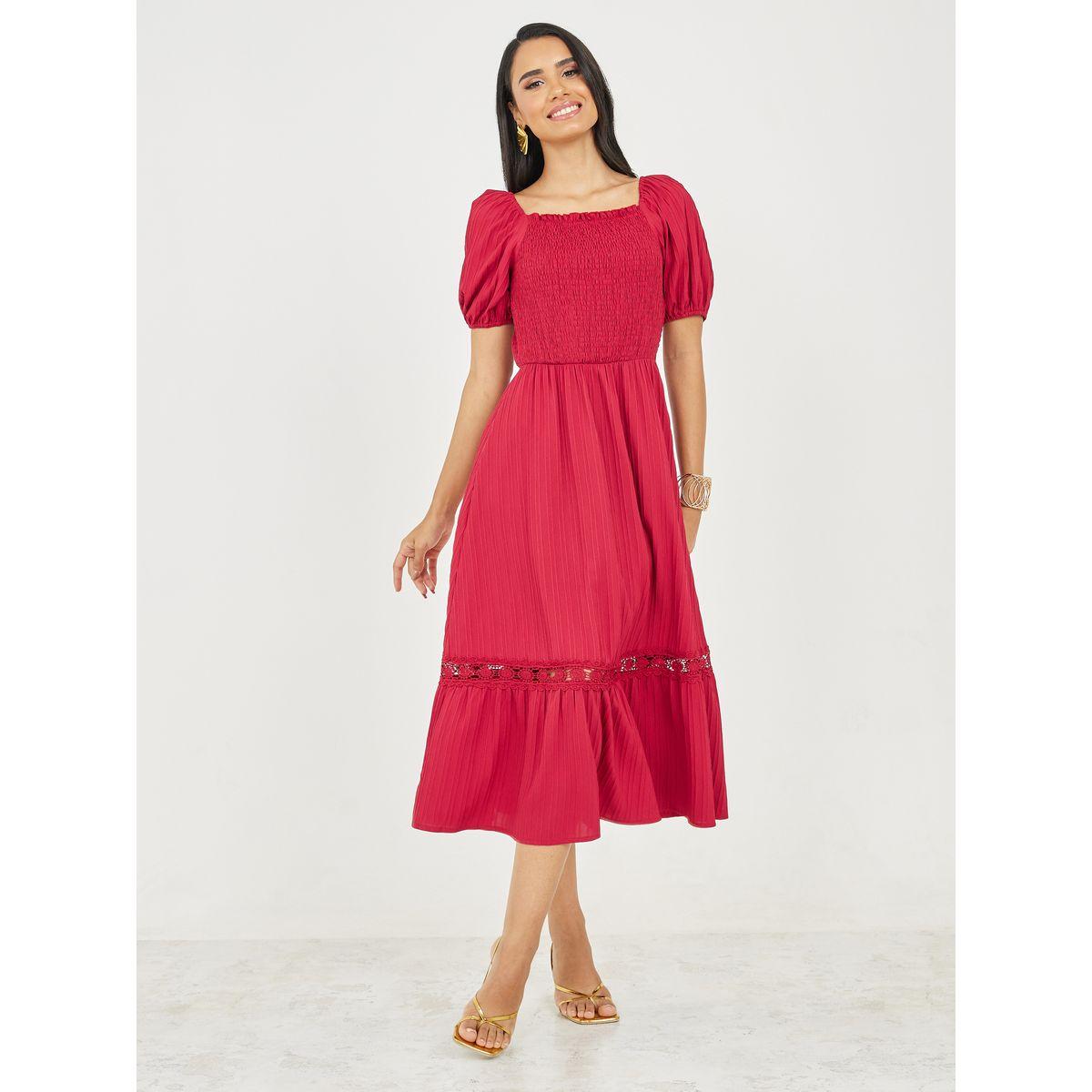 Styli Smocked Striped Texture Lace Detail A-Line Midi Dress-women-clothing-dresses-image-1