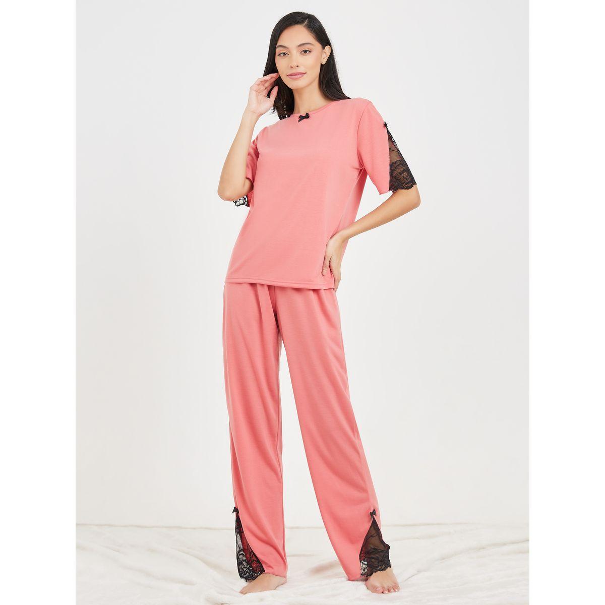 Styli Unwind Lace Insert Bow Detail T-shirt and Pyjama Set-women-clothing-nightwear-pyjamas-longsets-image-1