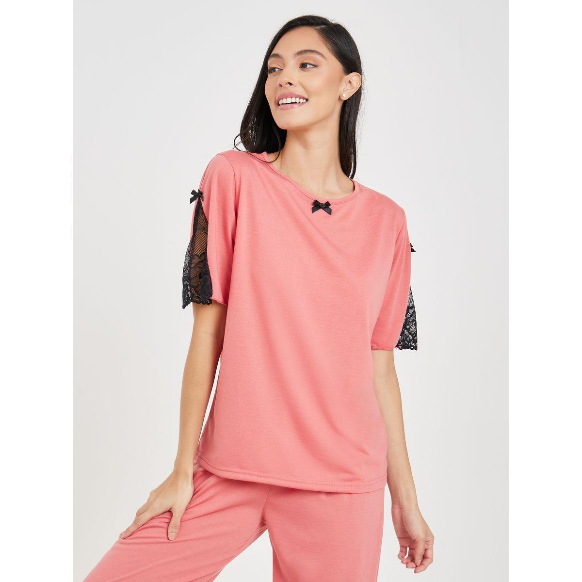 Styli Unwind Lace Insert Bow Detail T-shirt and Pyjama Set-women-clothing-nightwear-pyjamas-longsets-image-2