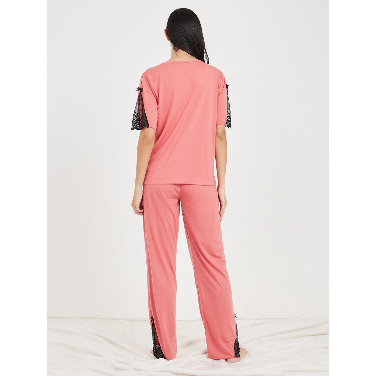 Styli Unwind Lace Insert Bow Detail T-shirt and Pyjama Set-women-clothing-nightwear-pyjamas-longsets-image-5