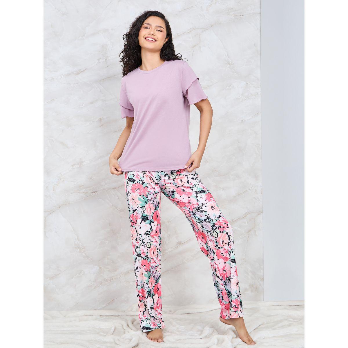 Styli Unwind Layer Ruffle Sleeve T-Shirt & Floral Print Pyjama Set-women-clothing-nightwear-pyjamas-longsets-image-1